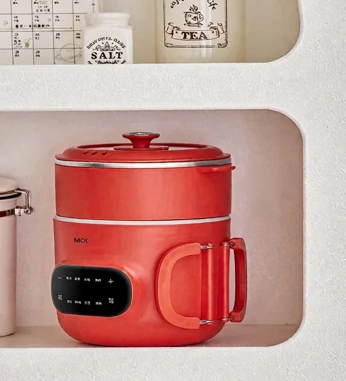 Mini olla eléctrica para cocinar 2L con revestimiento cerámico antiadherente y vaporera