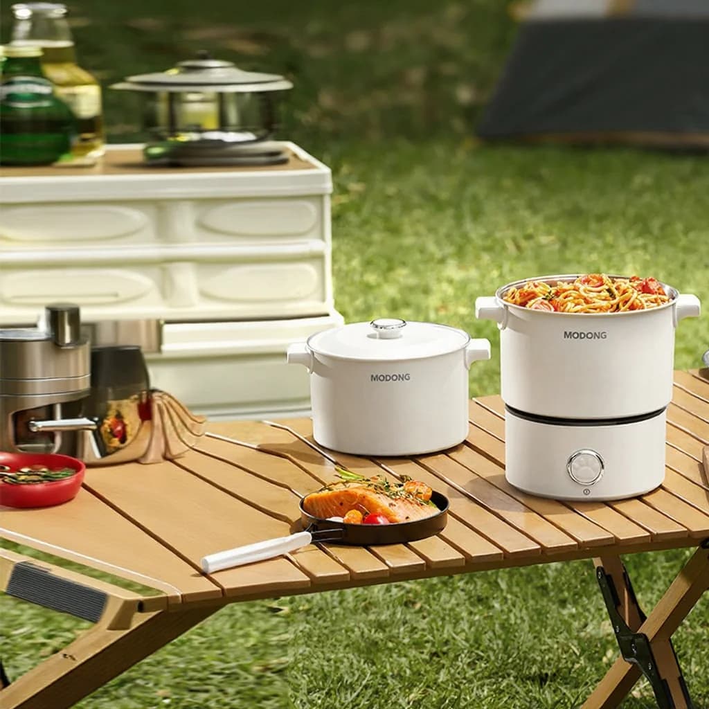 Olla eléctrica portátil para cocinar con sartén y rejilla para vapor