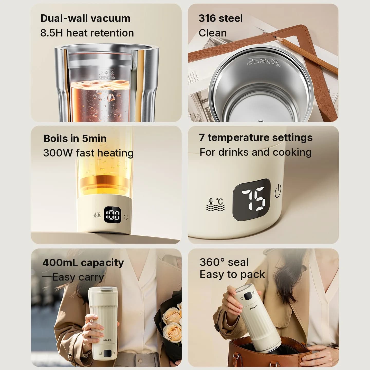 Vaso calentador eléctrico portátil, 400mL, 7 ajustes de temperatura