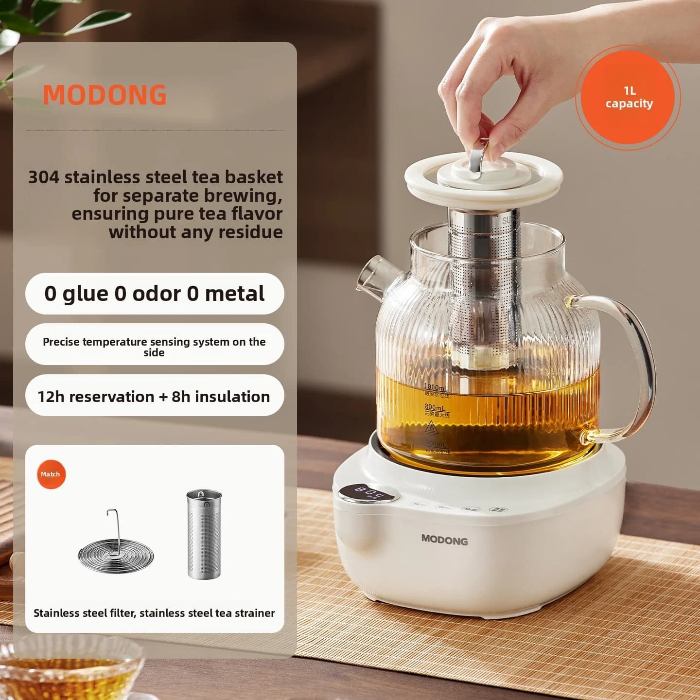 Olla de vidrio eléctrica para salud con control de temperatura y vaporera de té