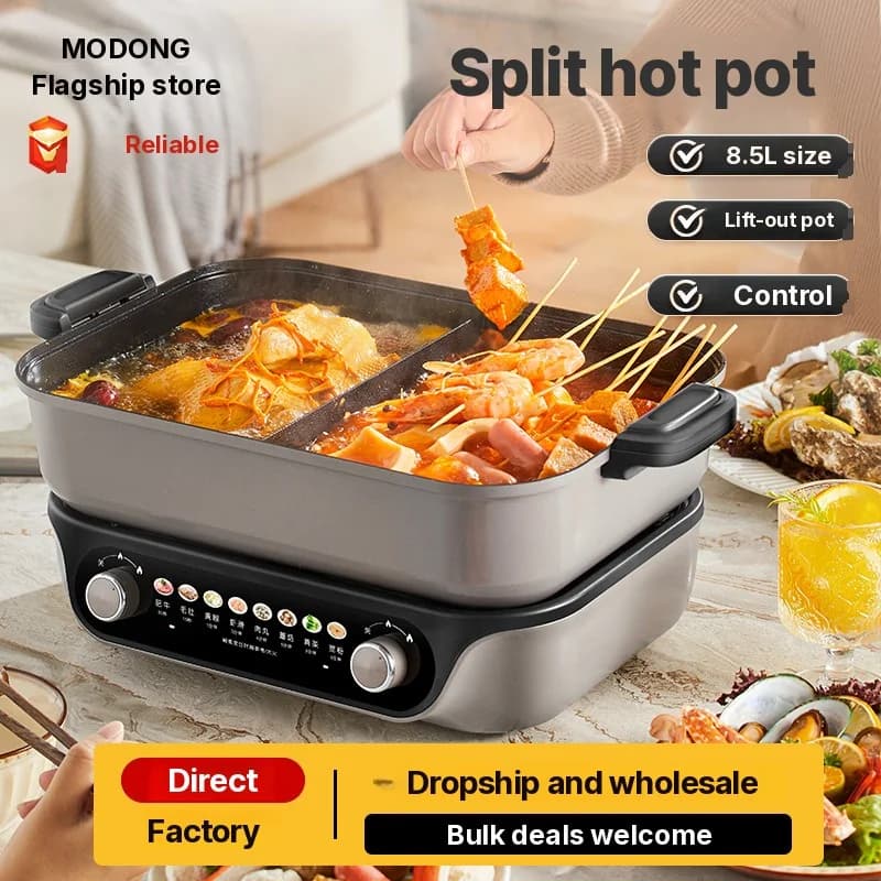 Olla eléctrica partida, control de doble perilla, 8L, negra