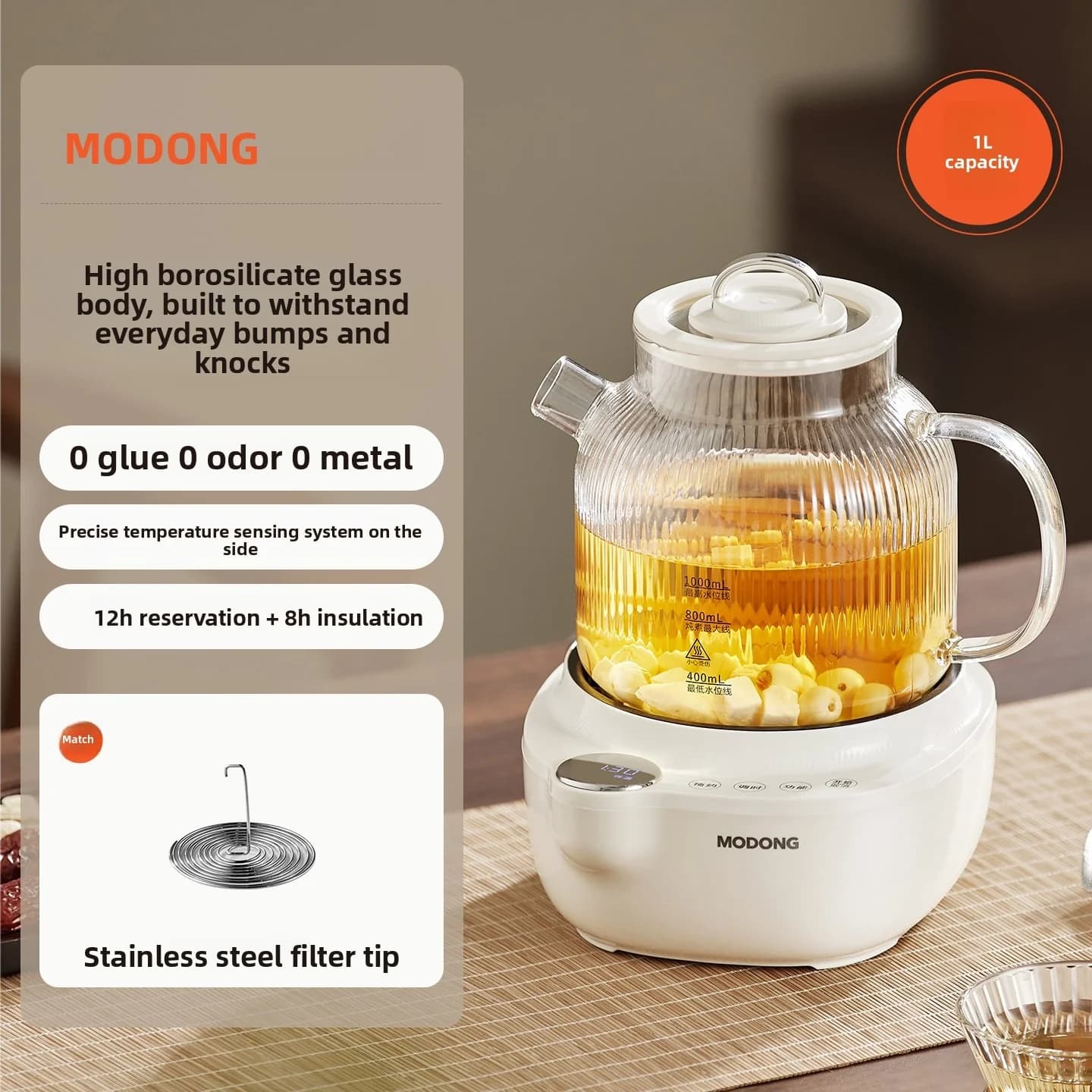 Olla de salud eléctrica de vidrio con control de temperatura y vaporera para té