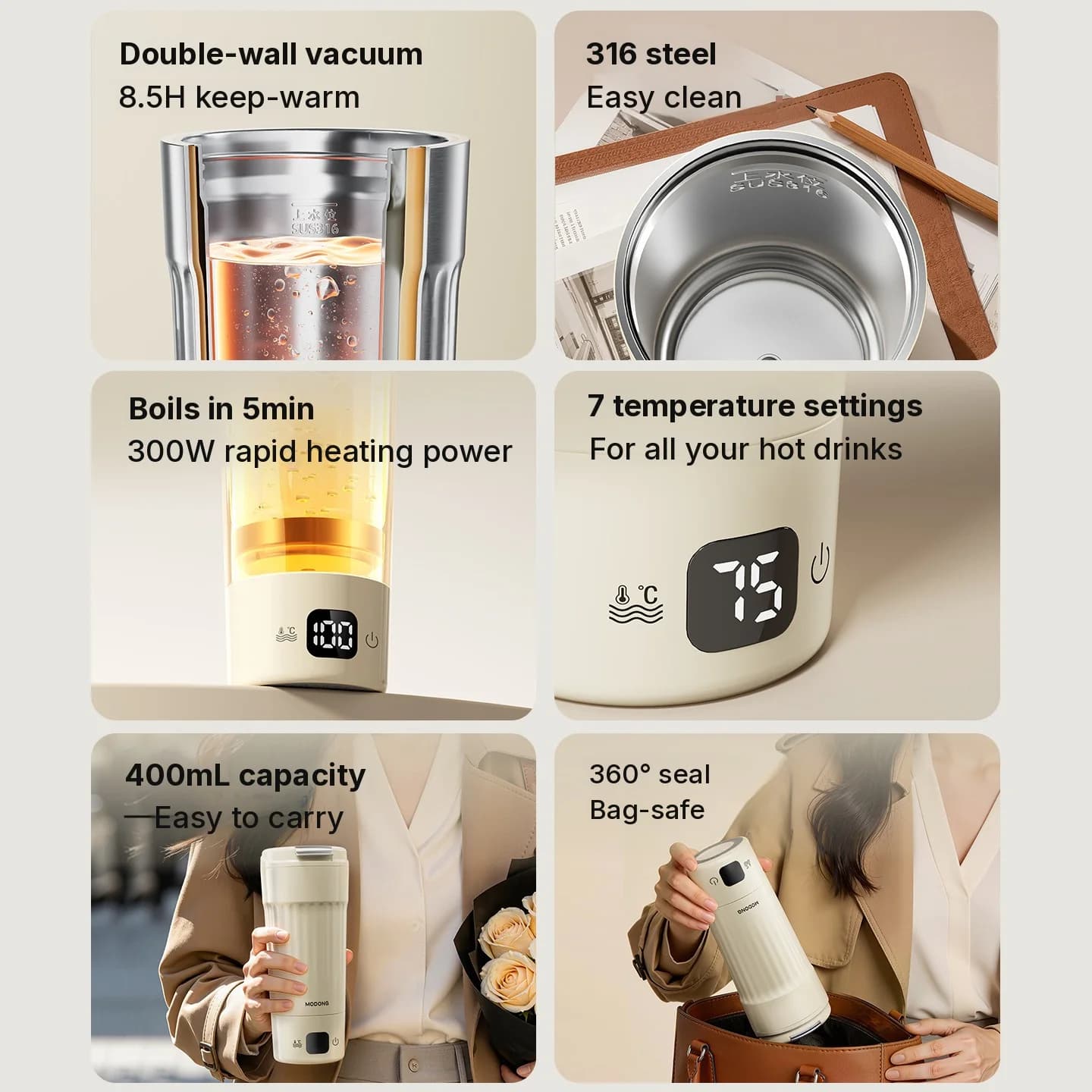 Vaso eléctrico portátil con 7 ajustes de temperatura