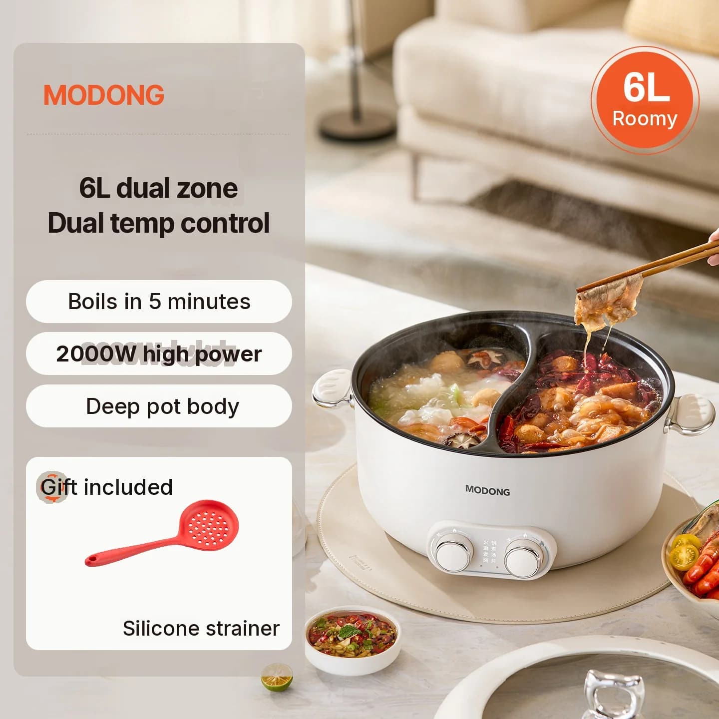 Olla eléctrica caliente de doble zona 6L con control independiente de temperatura