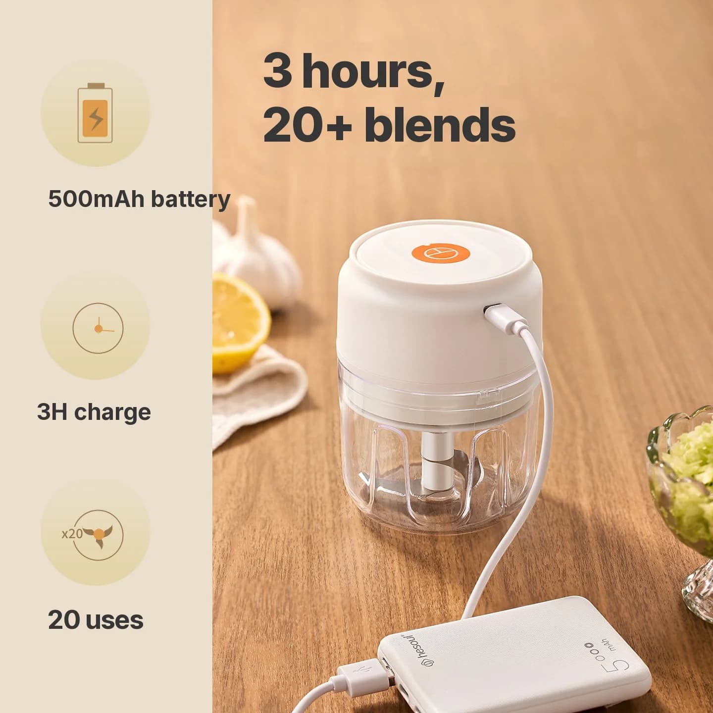 Vaso picador eléctrico inalámbrico de ajo 250mL 5V 30W plástico