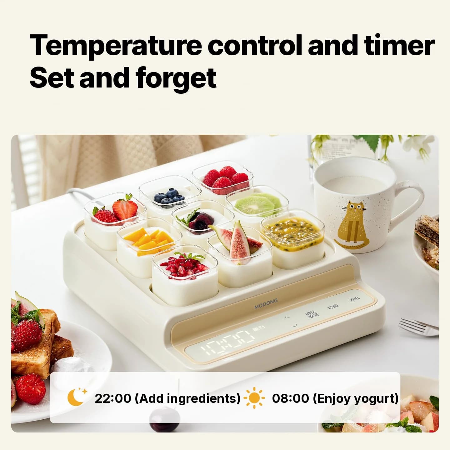 Yogurtera de 9 vasos con recipiente interior de vidrio y temporizador
