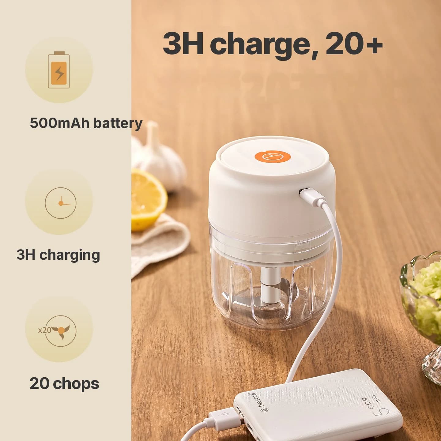 Picador de Ajo Eléctrico Inalámbrico 250mL 5V 30W Plástico