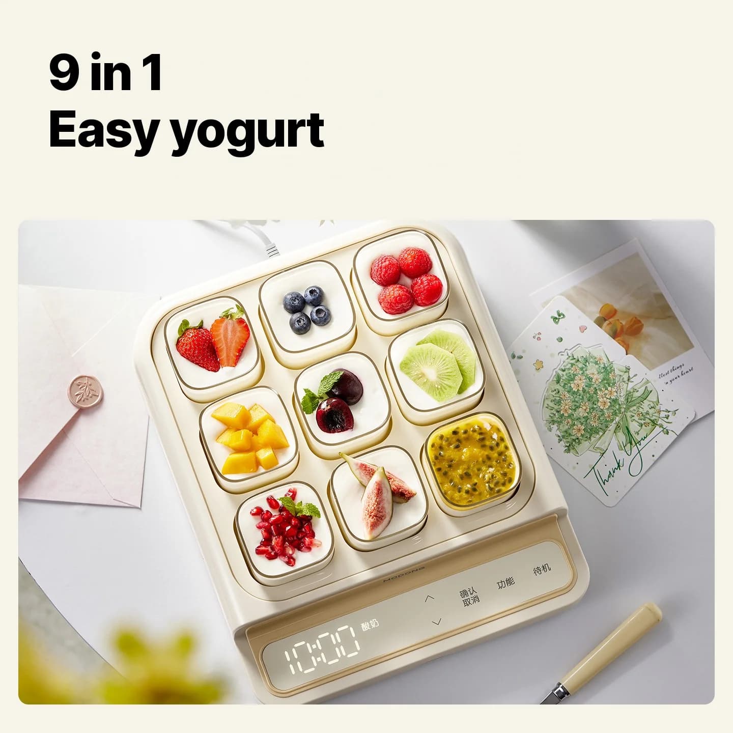 Yogurtera de 9 vasos con recipiente interior de vidrio y temporizador