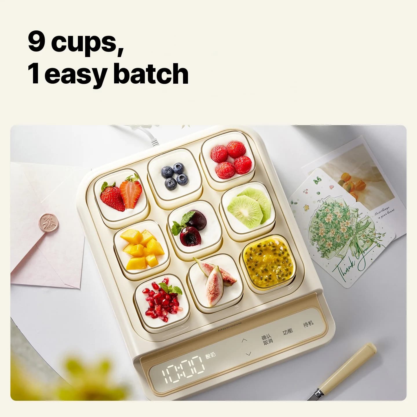 Yogurtera de 9 Vasos con Olla de Vidrio y Temporizador