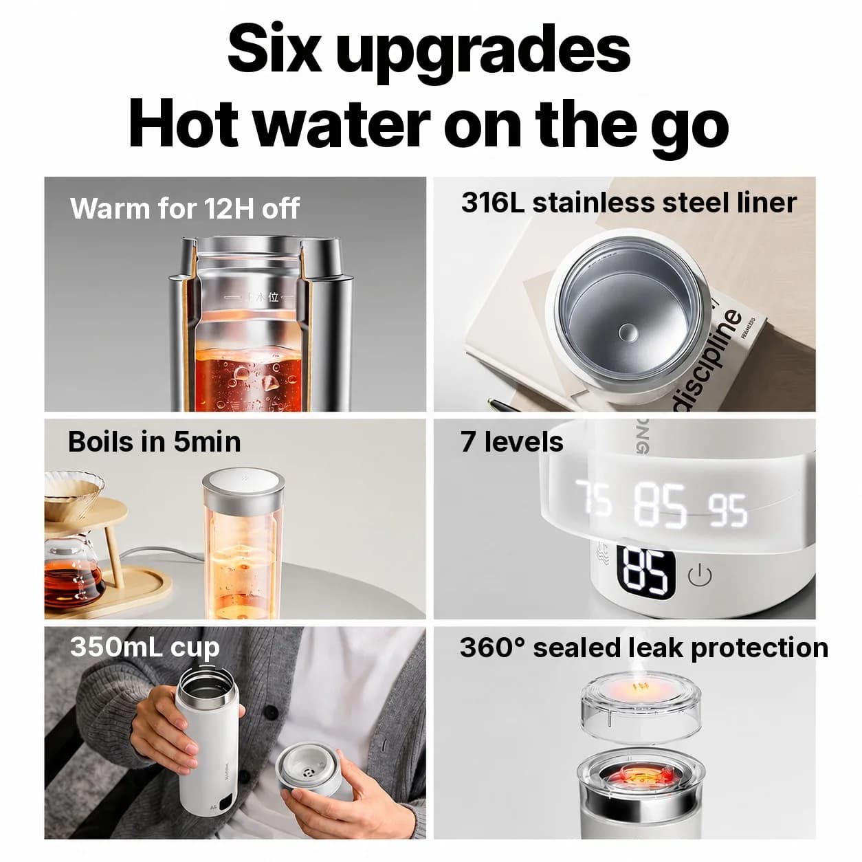 Vaso eléctrico portátil para calentar agua 350ml de acero inoxidable 316L