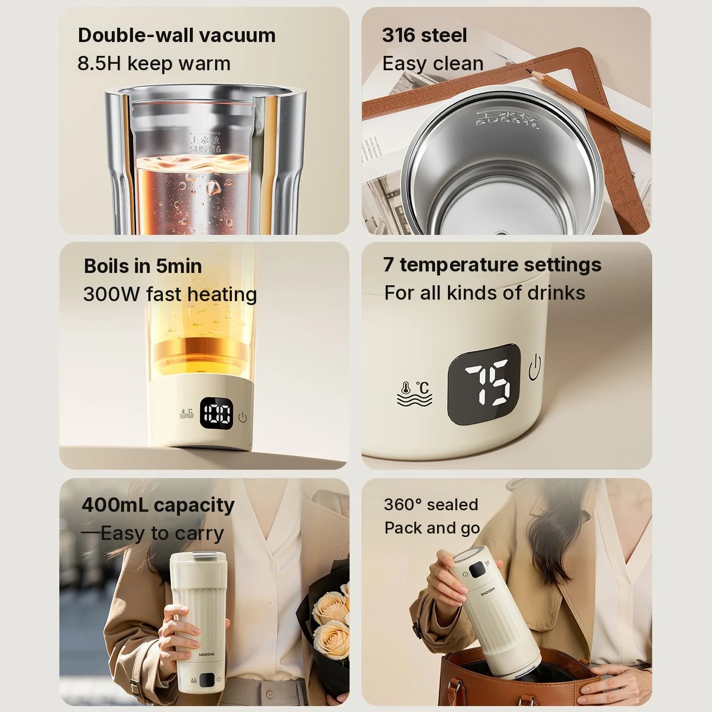 Taza eléctrica portátil para calentar, 400mL, 7 ajustes de temperatura