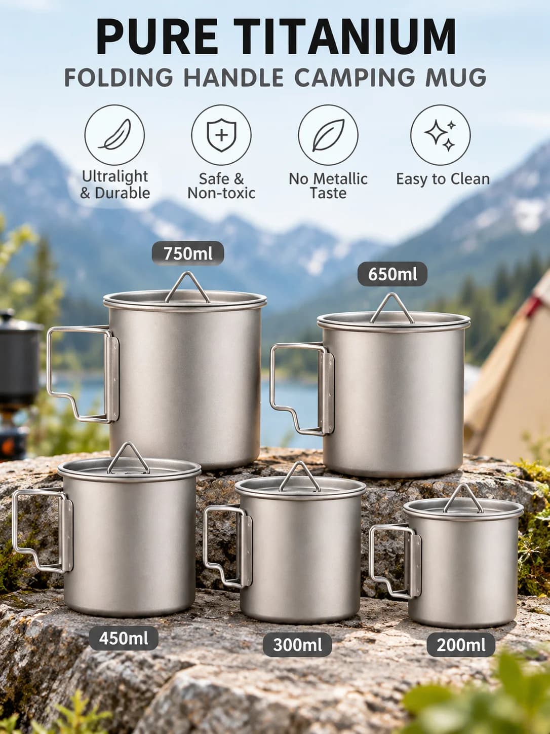 Taza de camping plegable de titanio puro