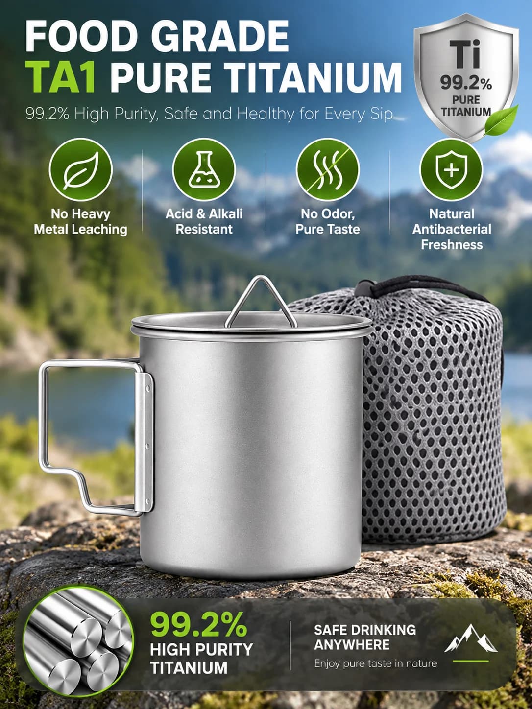 Taza de camping plegable de titanio puro