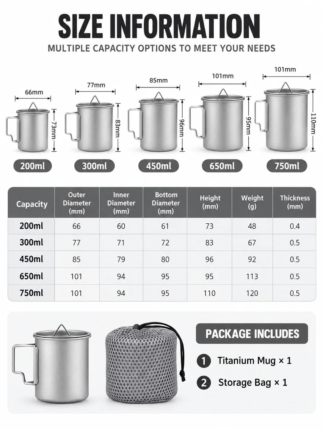 Taza de camping plegable de titanio puro